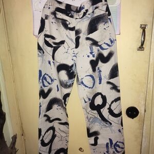 High-Rise Abstract Print Women’s Jeans - White/Black/Blue